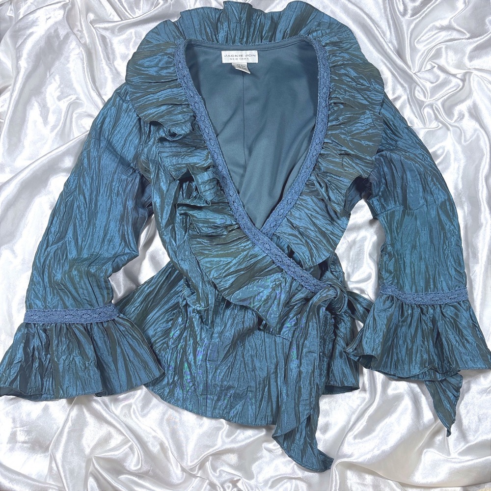 Vintage Wrap Top Teal Blue Excellent Ruffle Lace Metallic Crushed Blouse 10